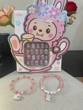 Pink Bunny Press-On Nail Set with Charms + Two Pink Beaded Bracelets